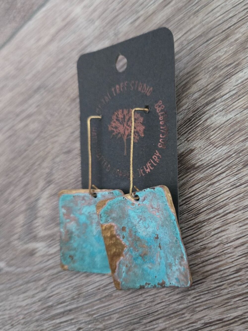 Metal Tree Studio Artisan Brass Turquoise Patina Square Earrings